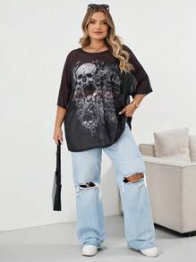 SHEIN CURVE+ 加大码夏季圆领短袖骷髅印花透明简约衬衫，适合女士休闲日常万圣节秋季服装、冬季、CURVE PLUS