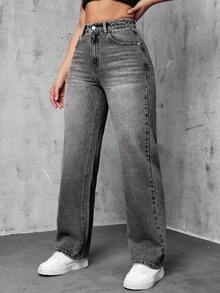 EURMUSE 纯色口袋休闲百搭直筒牛仔裤 - 淺灰色 - 查看 3