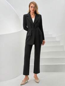 SHEIN Cottnline Lapel Neck Belted Blazer & Pants - Black - View 3