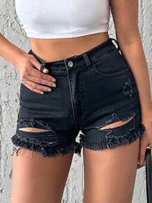 EURMUSE 98%Cotton Elastic, Hem Frayed Detailed Short - Black - View 7