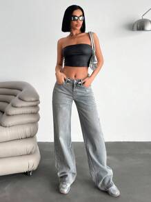 EURMUSE 低腰洗水阔腿牛仔裤 - 灰色 - 查看 3