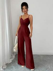 Rafferiza Women's Elegant Solid Color Cinched Waist Wide Leg Jumpsuit