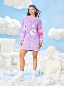 SHEIN X Care Bears Women's Bear Embroidered Crew Neck Long Sleeve Winter Nightgown, Fall - Purple - View 7