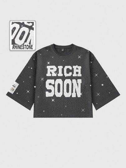 Street Life Men's Rhinestone Embroidered T-Shirt, 3/4 Sleeve, Fall, 2000s Style