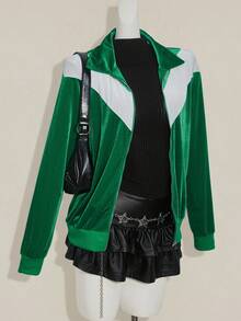SHEIN ICON Women's Going Out Green Back To School Preppy Casual Colorblocked Patchwork Jacket, Spring/Autumn - Green - View 4