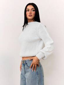 SHEIN Tall Suéter casual de mujer de unicolor con mangas farol, suéter acanalado blanco para otoño/invierno - Blanco - Ver 9
