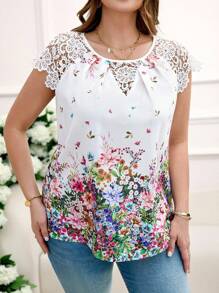 Reflora Áo sơ mi thời trang nữ cỡ lớn in hoa ren chắp vá, trang phục thường ngày, áo mùa hè thanh lịch, trang phục nghỉ dưỡng cho nữ, áo hoa mùa hè, trang phục đi biển cho nữ, trang phục nghỉ dưỡng, áo thường ngày cho nữ, áo trắng - Nhiều màu - Xem 5