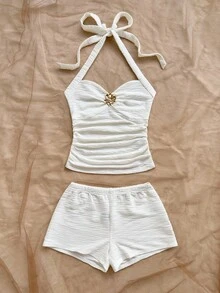 Soleia 女式度假针织纹理 V 领花卉金属装饰露背短款上衣和超短裤两件套，适合派对、圣诞节、约会之夜、夜总会、海滩、游轮、下午茶、波西米亚风、波西米亚风、度假、秋季 - 白色 - 查看 4