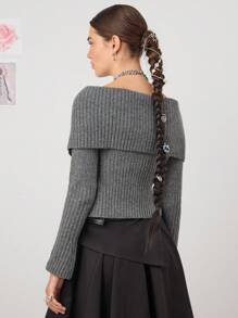 COUREZ Off The Shoulder Button Front Rib Knit Jumper /Y2K Going Out Outfits  Women Clothes  Clothes Cute Spring Sexy Going Out Tops - Dark Grey - View 3