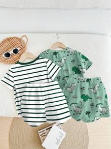 SHEIN 2件套男婴宽松休闲睡衣套装，适合夏季穿着，恐龙图案，夏季男婴睡衣，恐龙服装，男婴睡衣 - 彩色 - 查看 3