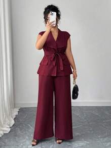 Elenzga Plus Size Women's Elegant Asymmetrical Lapel Open Front Blazer With Belt & Wide Leg Pants 2 Pieces Set, Spring/Summer - Burgundy - View 5
