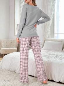 EURMUSE Cotton 2pcs/Set Women' S Print Pajamas And Pocket Detail Long Sleeve Homewear Pajama Set Womens Pajama Set Plaid Pajama Set Soft Pajama Set Round Neck Pajama Set Womens Sleepwear Set - Grey - View 3