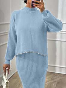 EURMUSE Femmes Pull à col montant avec détails de strass et épaules tombantes & Robe pull maxi col en V côtelé