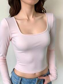 SHEIN Pink Scoop Neck Long Sleeve Cute T-Shirt For Teen Girls With Asymmetrical Hem Cute Tops Teen Girl Clothes Long Sleeve Tops Cute Clothes Girls Clothes Fall Winter - Pink - View 2