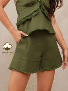 WESTFADE Quần short chữ A cạp cao, thoải mái, họa tiết Boho tua rua 100% cotton kiểu miền Tây, dễ thương, mùa thu, mùa đông, hòa nhạc đồng quê - xanh quân đội - Xem 1