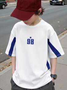 SHEIN Tween Boy 7 月 4 日美国男孩拼布运动号码印花便宜短袖 T 恤，适合通勤、学校、休闲、大学、运动、春夏季 - 白色 - 查看 7