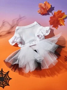 1pc Cartoon Scary Face Print White Mesh Patchwork Halloween Pumpkin Cute Cap Sleeve Dog Dress, Suitable For Cats And Dogs, For Halloween Party, PETSIN Original Design - Multicolor - View 6