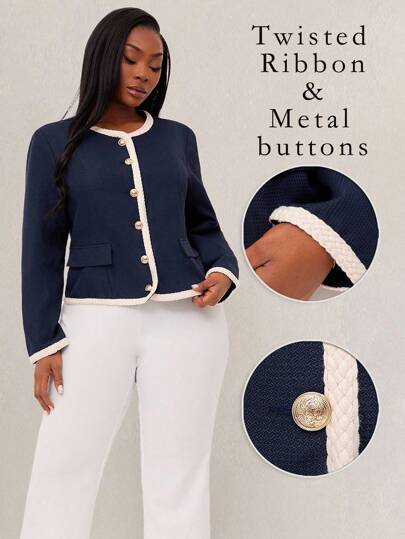 SHEIN SXY Plus Size Women Spring & Summer Elegant Sexy Daily Basic Tweed Blazer, Suitable For Everyday Wear, Performances, High Street Style, Urban, Sexy Office Siren Coquettish, Cruise Attire, Commuting, Business, Retro, Vintage, Party, Resort, Outing, Old Money, Richly Layered, Date Night