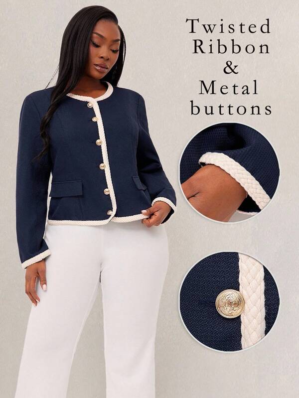 SHEIN SXY Plus Size Women Spring & Summer Elegant Sexy Daily Basic Tweed Blazer, Suitable For Everyday Wear, Performances, High Street Style, Urban, Sexy Office Siren Coquettish, Cruise Attire, Commuting, Business, Retro, Vintage, Party, Resort, Outing, Old Money, Richly Layered, Date Night