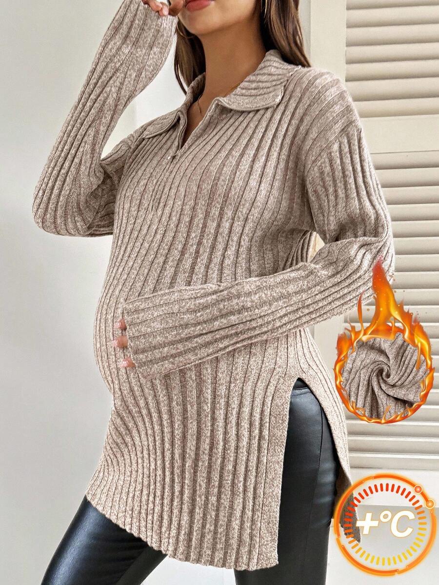 SHEIN كنزة صوفية حمل خريفية ذات لون سادة، سحاب نصفي، كتف منسدل، أكمام طويلة، شق جانبي في الذيل، حمل خريفي وشتوي، ملابس علوية حمل شتوية مرتبة، حمل شتوي دافئ - بني فاتح - مشاهدة 1
