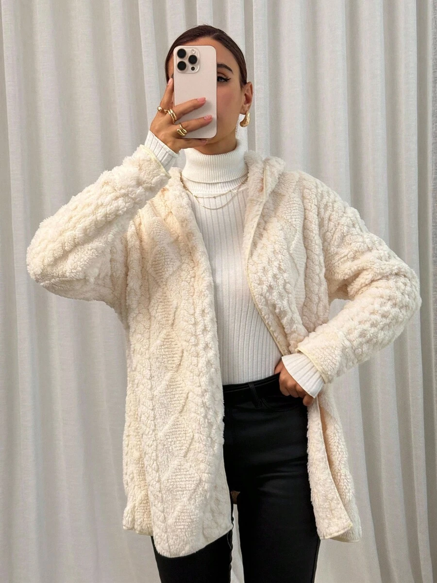 Lavishia 女士纯色长袖拉链立领休闲连帽纹理羊毛夹克，秋冬