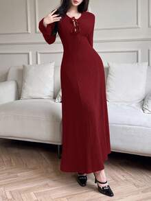 Feyla Women's Elegant Solid Color Texture Dress - Red - View 4