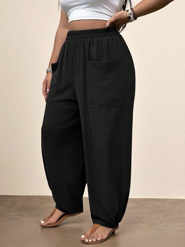 Freevana Plus Size Solid Color Pleated Pants With Pockets, Ideal For Vacation And Casual Wear