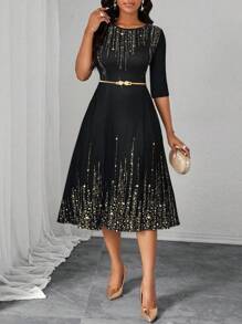 SHEIN Lady 女式闪亮印花圆领七分袖优雅中长连衣裙