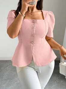 Elenzga Plus Size Women Elegant Solid Color Puff Sleeve Blouse Business Casual Top Square Neck Blouse Women Tops Pink Top Puff Sleeve Top - Pink - View 1