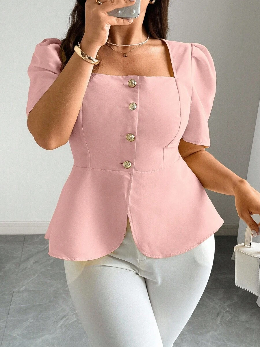 Elenzga Plus Size Women Elegant Solid Color Puff Sleeve Blouse Business Casual Top Square Neck Blouse Women Tops Pink Top Puff Sleeve Top - Pink - View 1