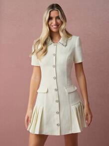 Enchnt 女士珍珠装饰领短袖纯色连衣裙 - 杏色 - 查看 5