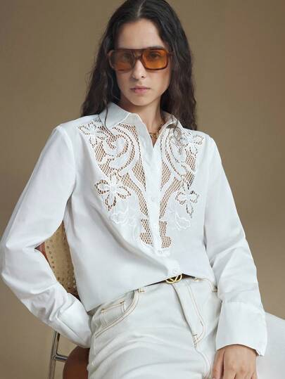 Ontre Apricot Color Acetate Linen Blend Hollow Embroidered Blouse, Loose Fit, Long Sleeve, Casual Style, 2025 New Autumn/Winter Collection Modern Urban Casual Fashion Business Casual Women's Office Wear Low-Key Old Money Style Effortless Temperament High-End Urban Commuting High-Quality Airport Women's Wear High-End Material Bohemian Style Vacation Wear, Summer Ins Celebrity Same Style Vacation Style, Exotic Atmosphere, Country Concert, Western Style Clothing, High-Grade Fabric, Comfortable And Breath