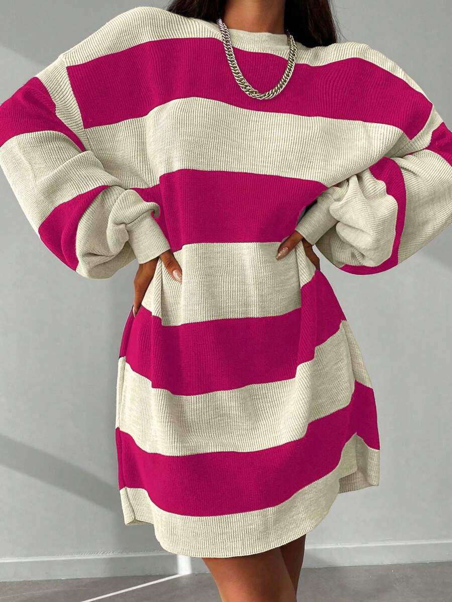 Cloudara Two Tone Drop Shoulder Sweater Dress - Pink - View 1