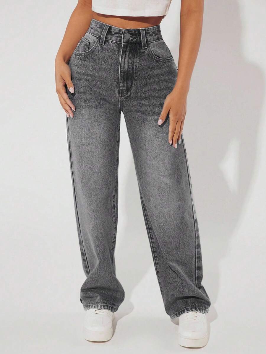 SHEIN PETITE Women's High Waist Pockets Straight Loose Casual Versatile Denim Jeans