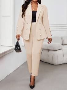 SHEIN Lady 秋冬优雅红色针织翻领纽扣长袖加大码仿皮草外套情人节新年女装 - 卡其色 - 查看 1