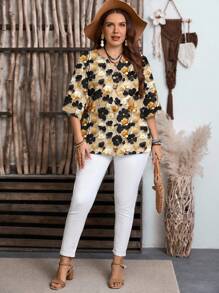 EMERY ROSE Áo sơ mi tay ngắn cổ chữ V in hoa lãng mạn màu vàng cỡ lớn dành cho nữ, phù hợp cho mùa hè Áo cánh sang trọng dành cho nữ Áo cánh hoa Áo cánh hoa dành cho nữ Áo cánh hoa màu đen và vàng dành cho nữ Áo sơ mi hoa - Nhiều màu - Xem 6