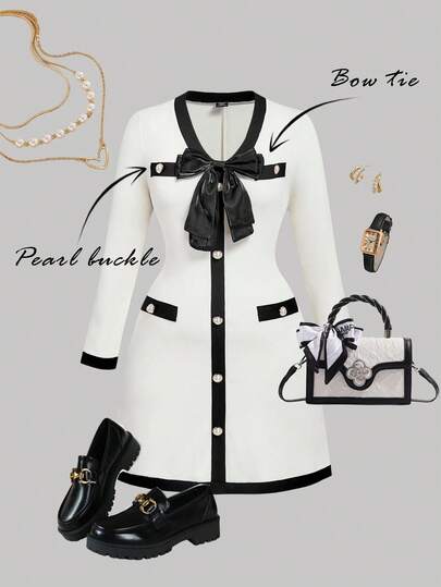 SHEIN MOD Plus Size Women Contrast Color Bow V-Neck Long Sleeve Short Dress,Vacation Chic Plus Size Dress: Bow Detail & Lightweight Sleeves,Versatile  Dress For Curves: Bow Detail & Contrast Sleeves ,College Style, Big Bow,Old Money Style Women,Teacher For Women,Work Dress,Office,Office For Women,Work Women,Back To School,Airport For Women Dress