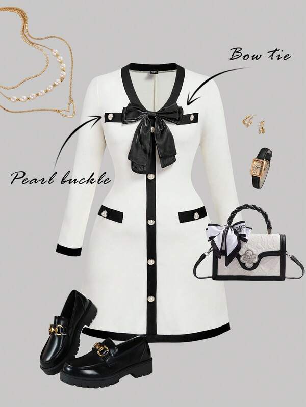 SHEIN MOD ชุดสั้นแขนยาวคอวีโบว์สีคอนทราสท์ ไซส์ใหญ่สำหรับผู้หญิง