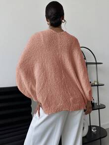 EURMUSE Damen V-Ausschnitt Loose Elegant Minimalistischer Pullover - Wassermelonenrosa - Übersicht 2