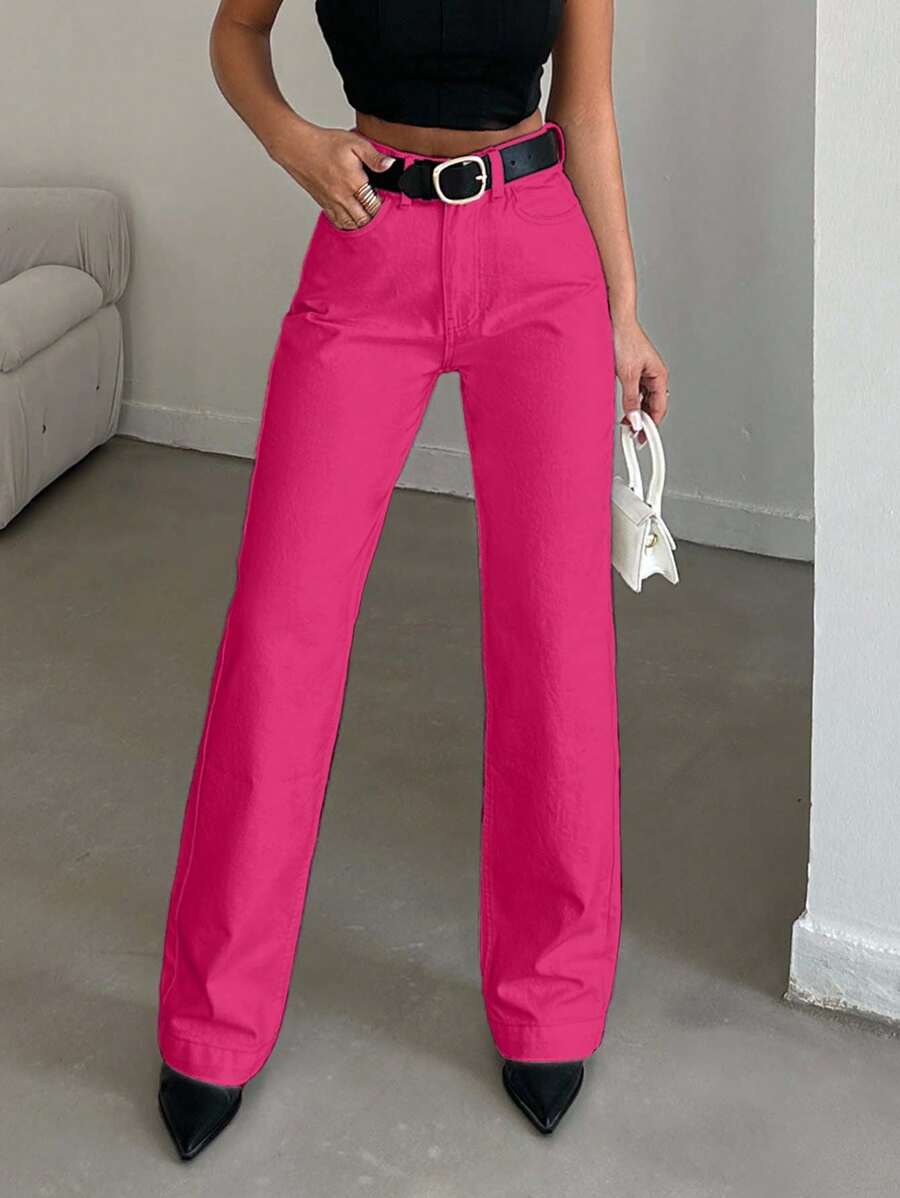 EURMUSE Women's Casual Straight Leg Solid Color Jeans, Suitable For Everyday Wear - Berwarna merah muda - View 1
