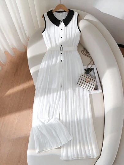 SHEIN 少女拼色领口无袖褶皱半拉链连体裤