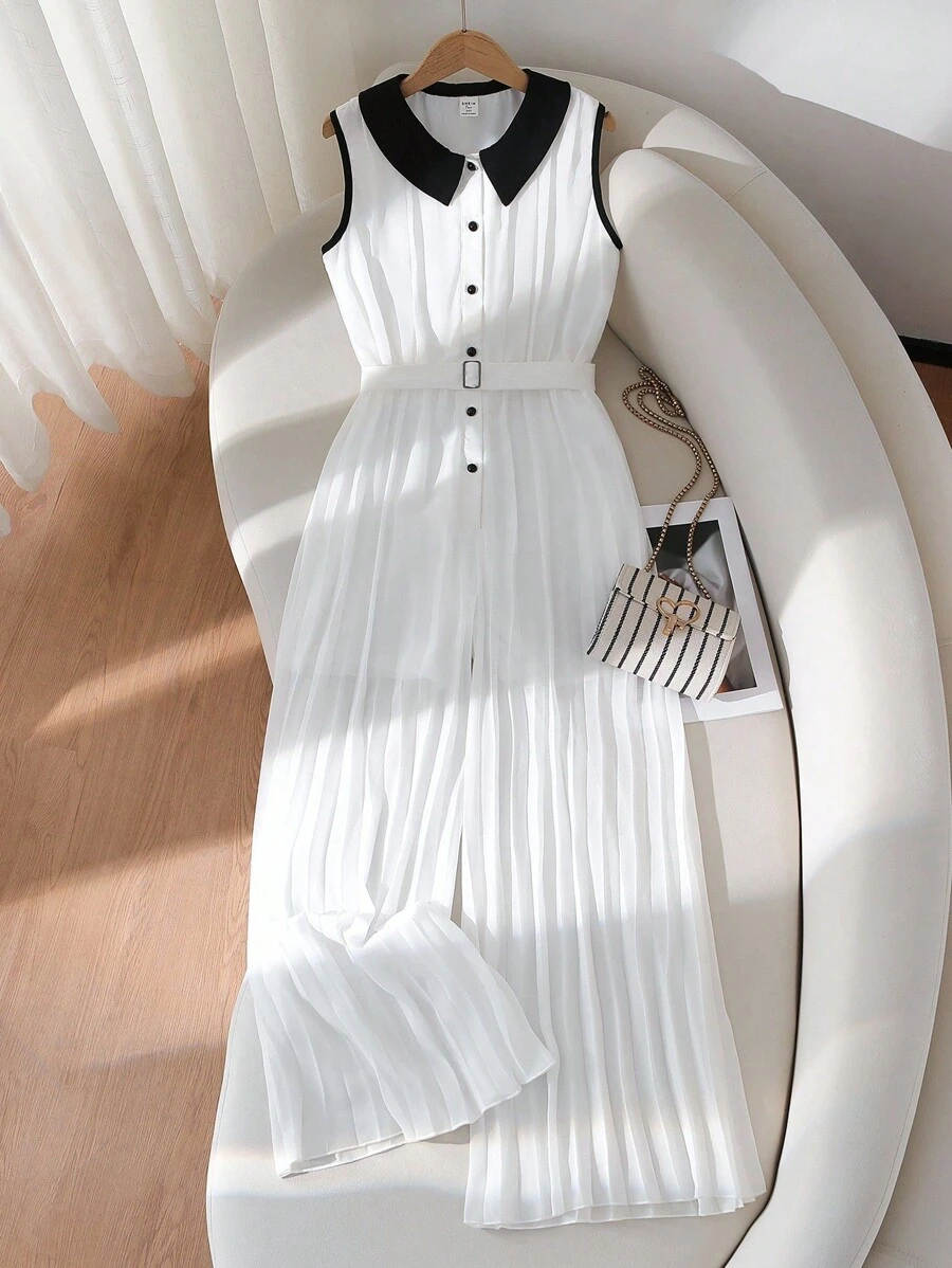 SHEIN 少女拼色领口无袖褶皱半拉链连体裤 - 白色 - 查看 1