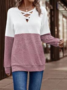 SHEIN LUNE Áo nỉ cổ chữ V họa tiết khối màu đơn giản, mùa xuân/thu - Nhiều màu - Xem 6