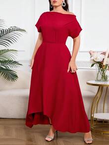 Modelyn Sukienka damska w jednolitym kolorze, asymetryczny dekolt, krótki rękaw, elegancka, plus size - Burgund - Zobacz 5