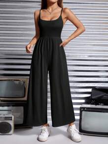 SHEIN PETITE 纯色露背吊带背心夏季女式黑色连体裤