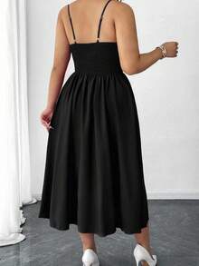 Elenzga Plus Size Women Solid Color Pleated Elegant Spaghetti Strap Dress