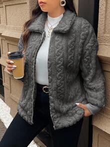 SHEIN Frenchy 大码女式休闲简约蓬松长袖夹克，冬季服装 - 淺灰色 - 查看 6