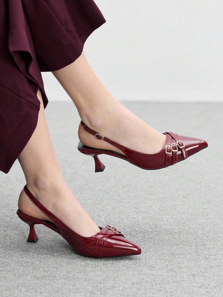 CUCCOO BIZCHIC Women's Pointed Toe Stiletto High Heel Burgundy Backstrap Multi-Strap Fashion Commuter Versatile High Heel Pumps For Christmas Spring Shoes