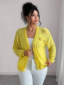 Elenzga Cárdigan de punto con cuello en V, unicolor, con bordado floral y cuentas, talla grande - Amarillo - Ver 7