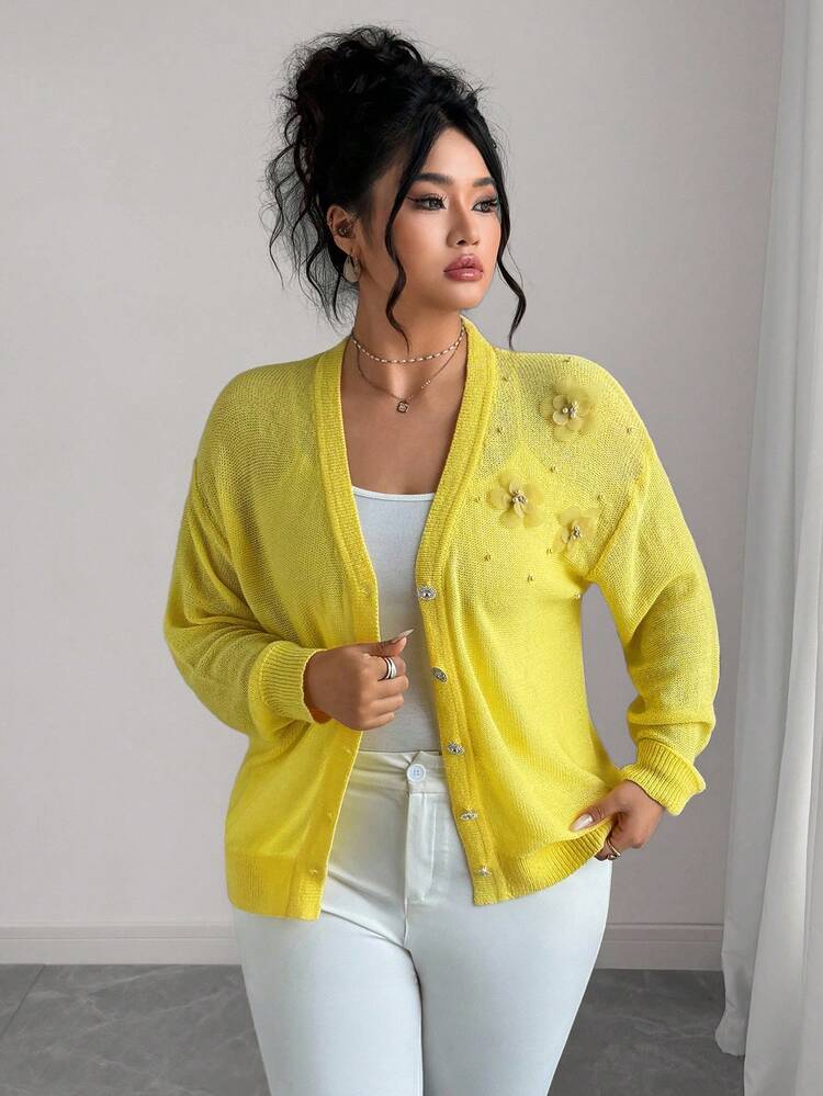 Elenzga Plus Size V-Neck Solid Color Beaded Floral Knit Cardigan Winter Fall Autumn - Yellow - View 7
